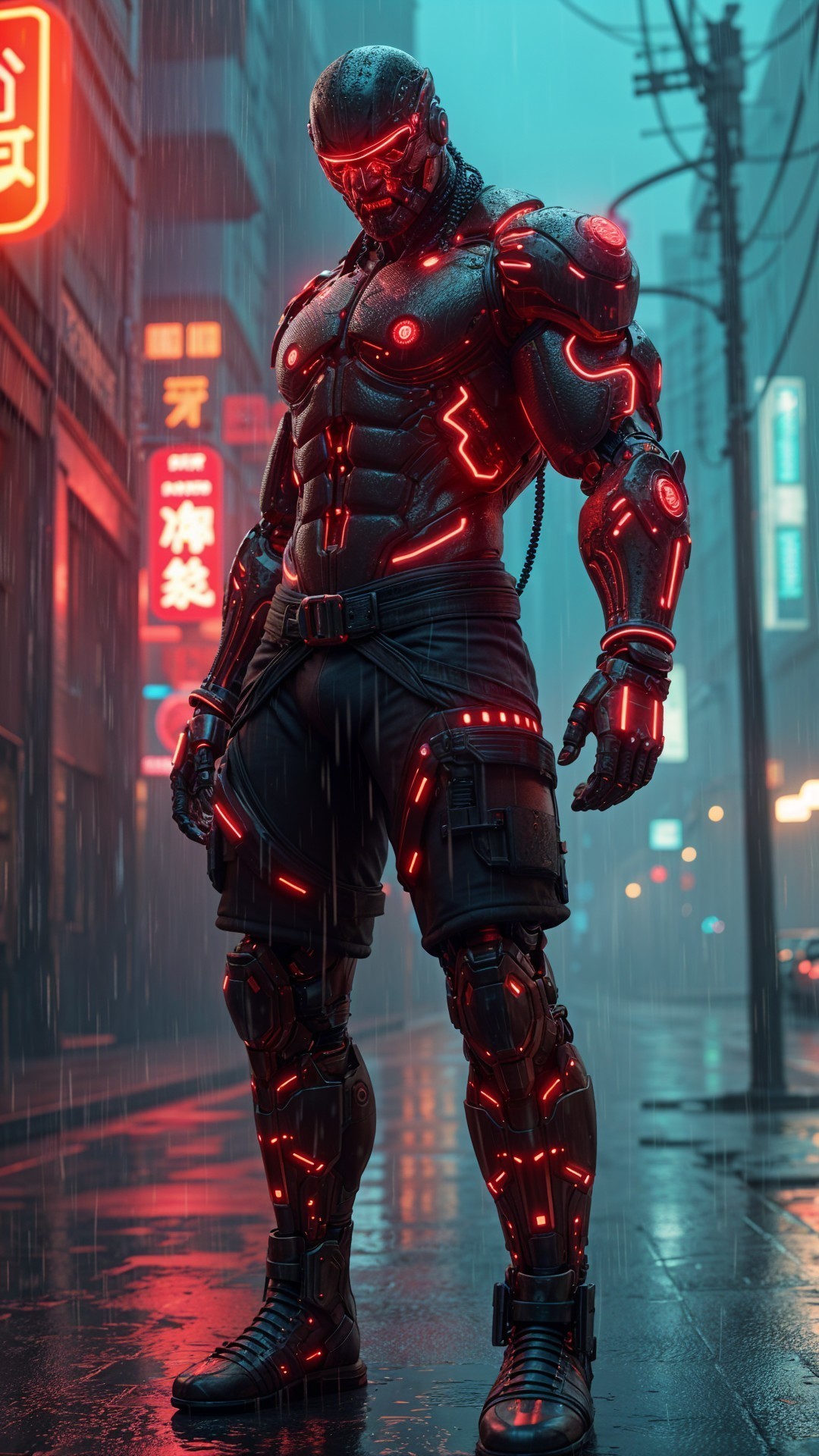 Futuristic Cybernetic Soldier in Neon Cityscape