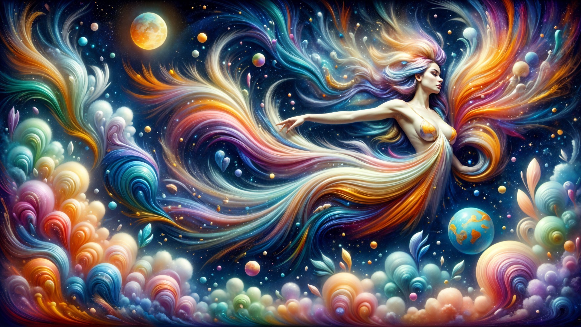 Vibrant Cosmic Scene with Ethereal Figure and Galaxy