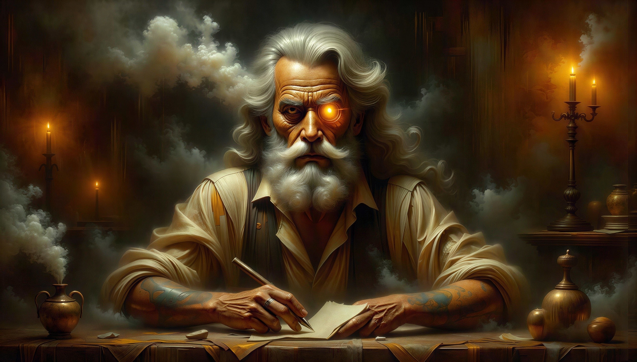 Detailed Fantasy Portrait of an Old Wizard in Smoke