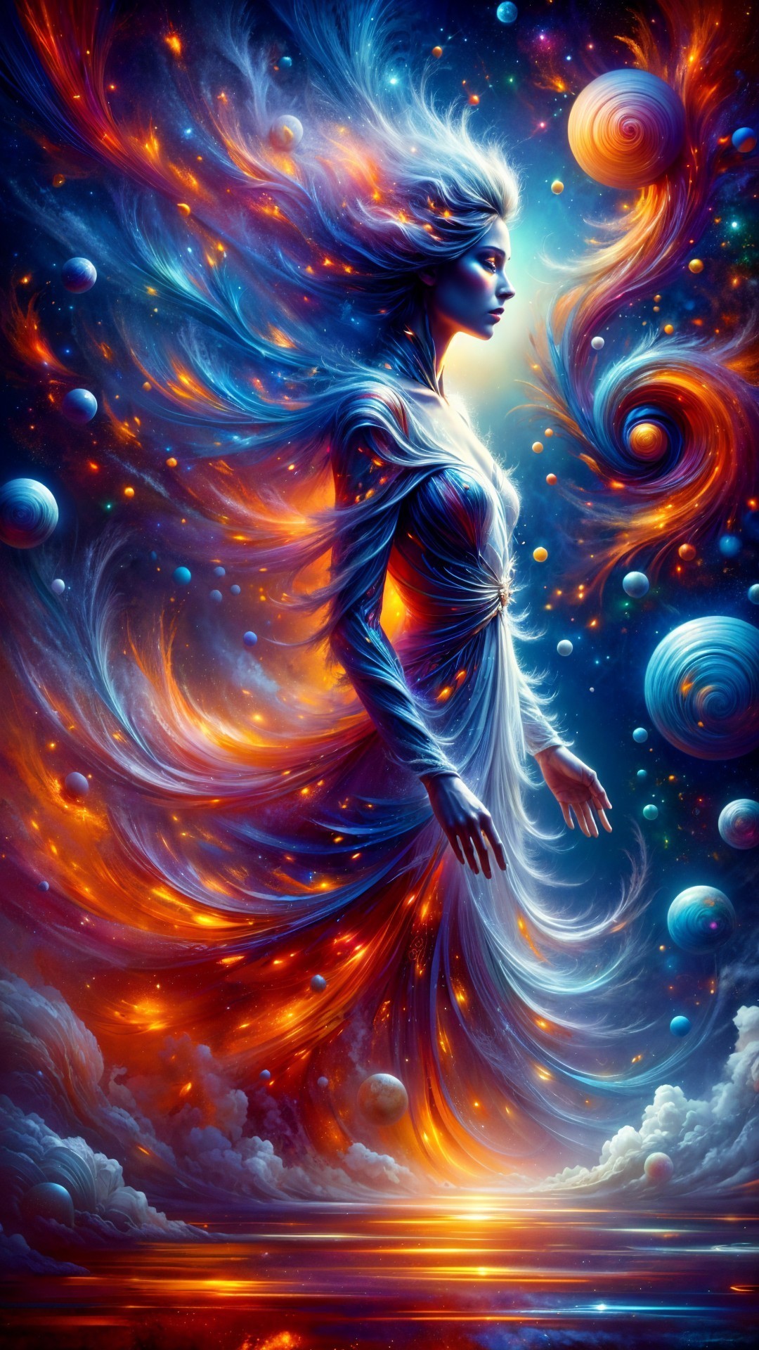 Celestial Figure in Vibrant Cosmic Backdrop