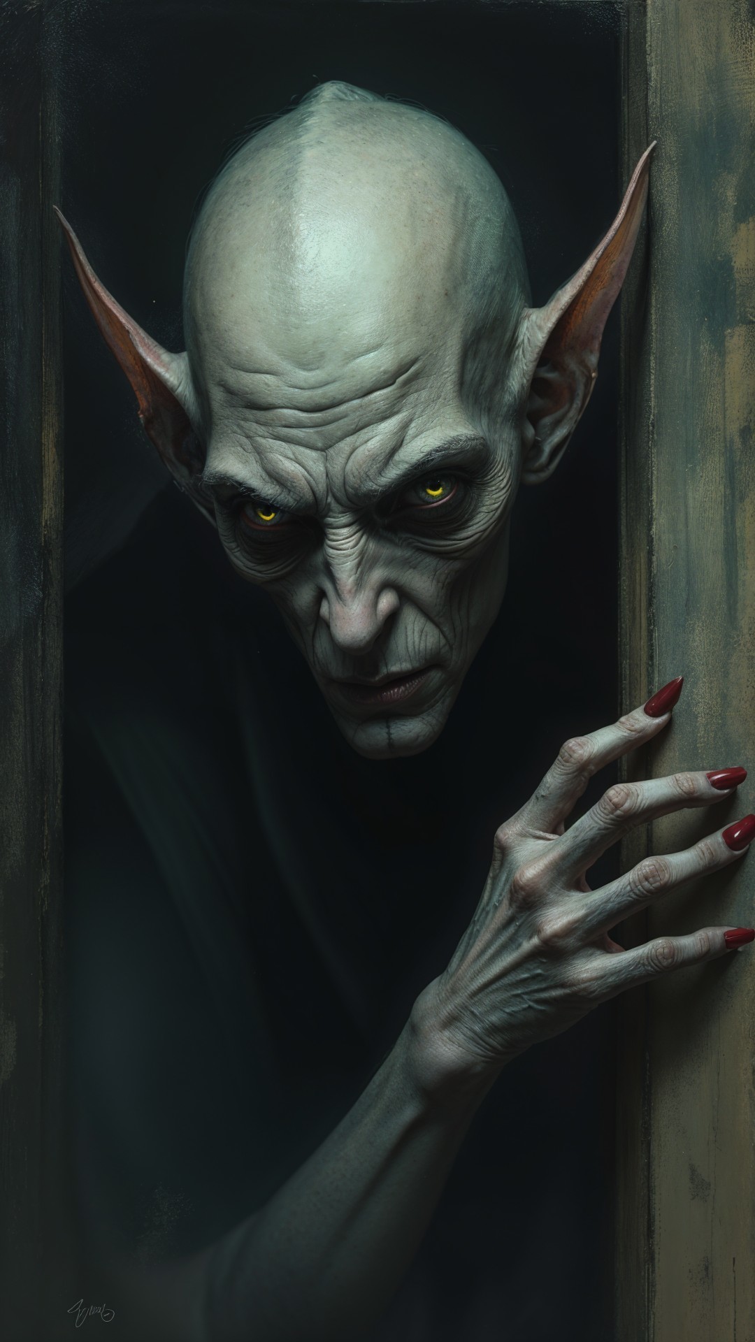 Menacing Figure with Elongated Head and Claw-like Hands