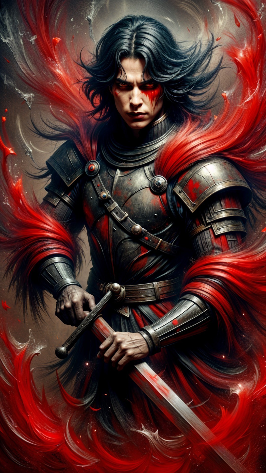 Fierce warrior in dark armor with crimson accents