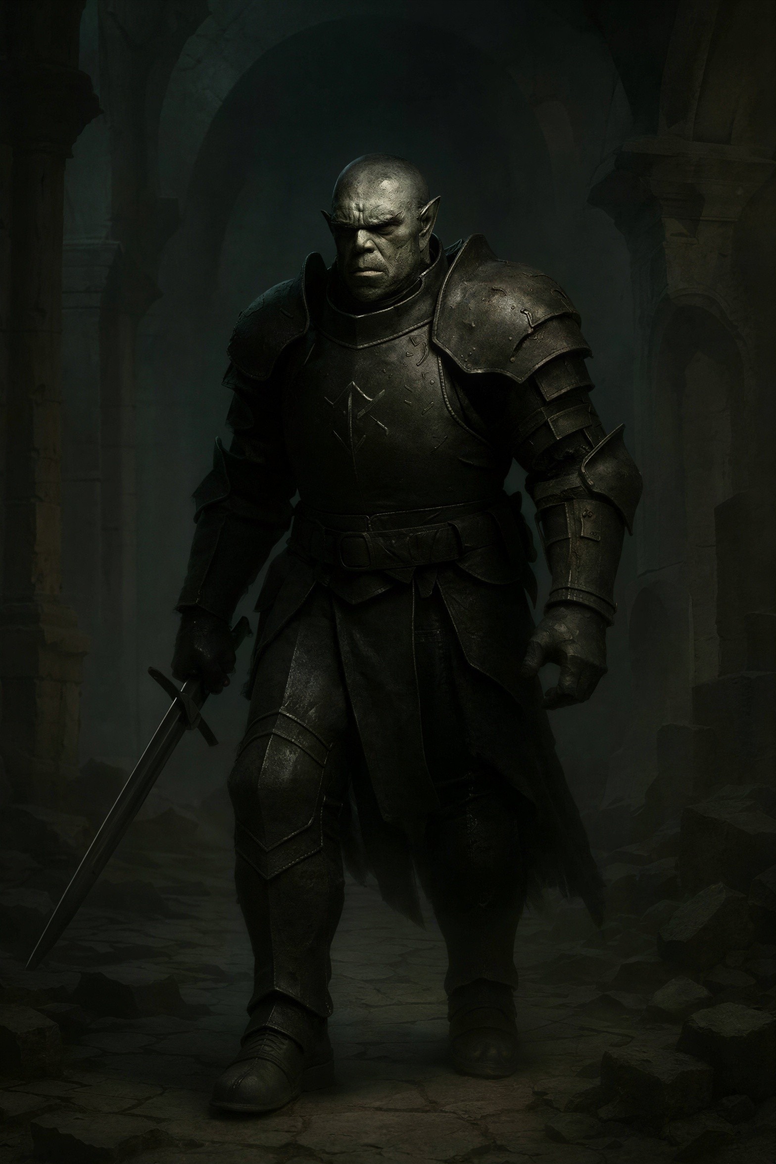 Frontal portrait of a bald orc in armor