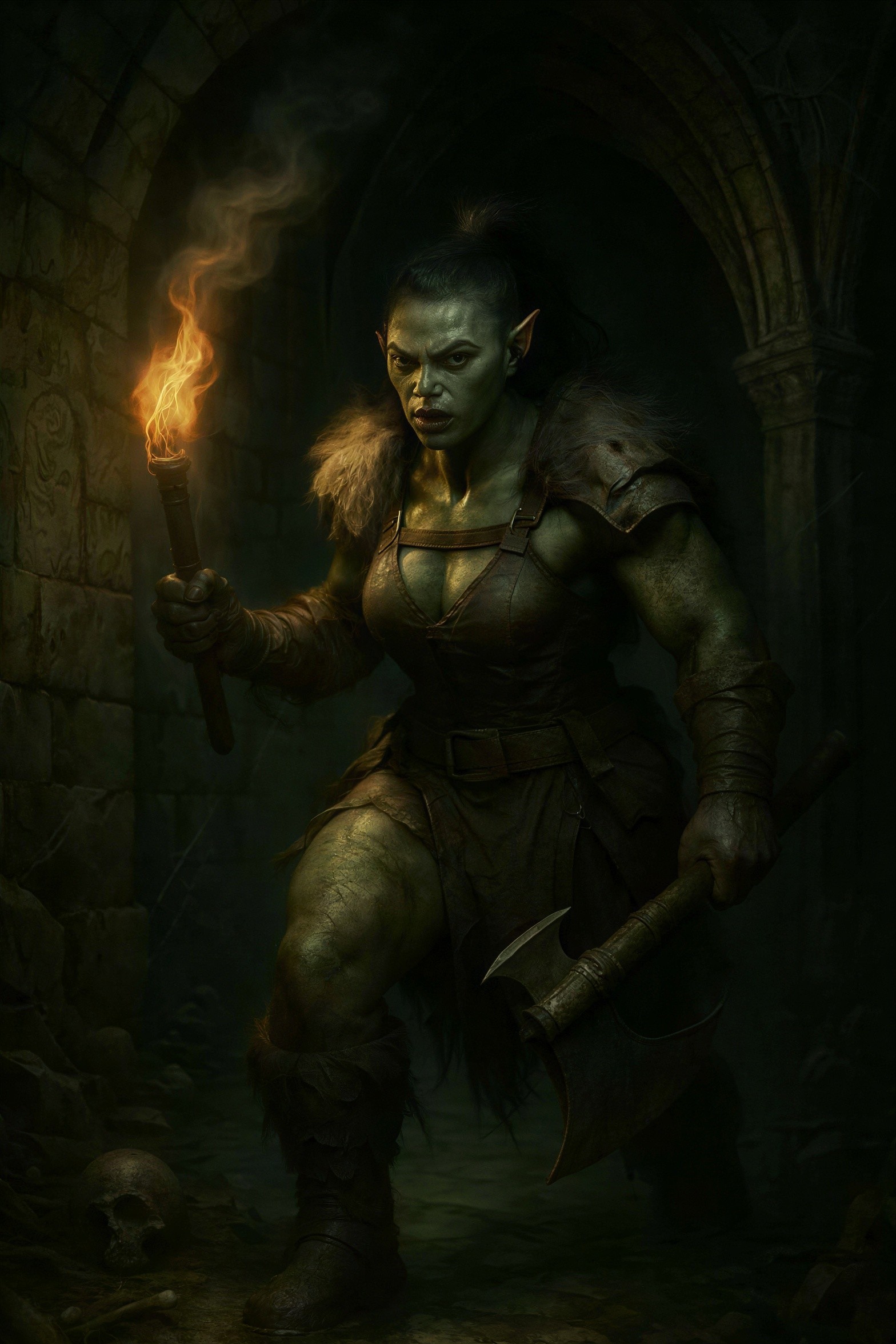 Dark Fantasy Oil Painting of Female Orc Warrior
