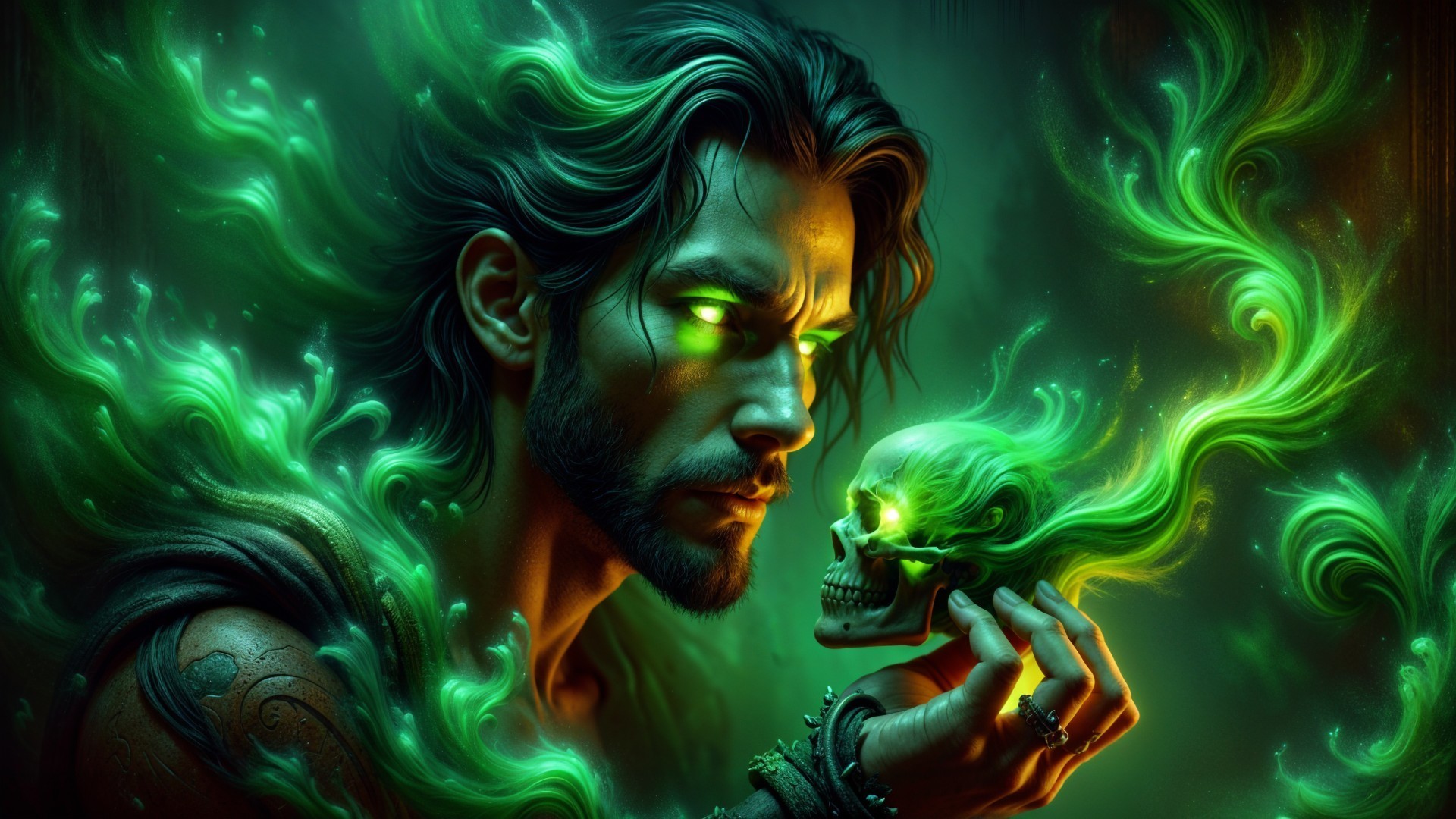 Mysterious Man with Dark Hair and Glowing Green Eyes