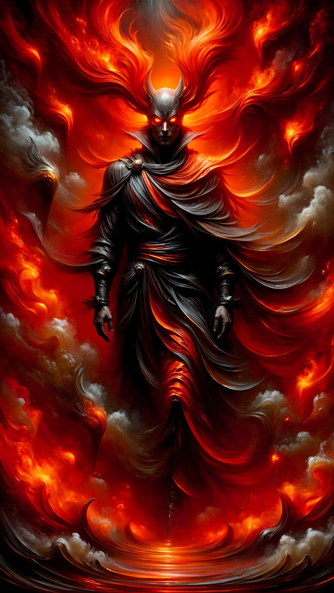 Fiery Figure in Dark Garments with Intense Aura