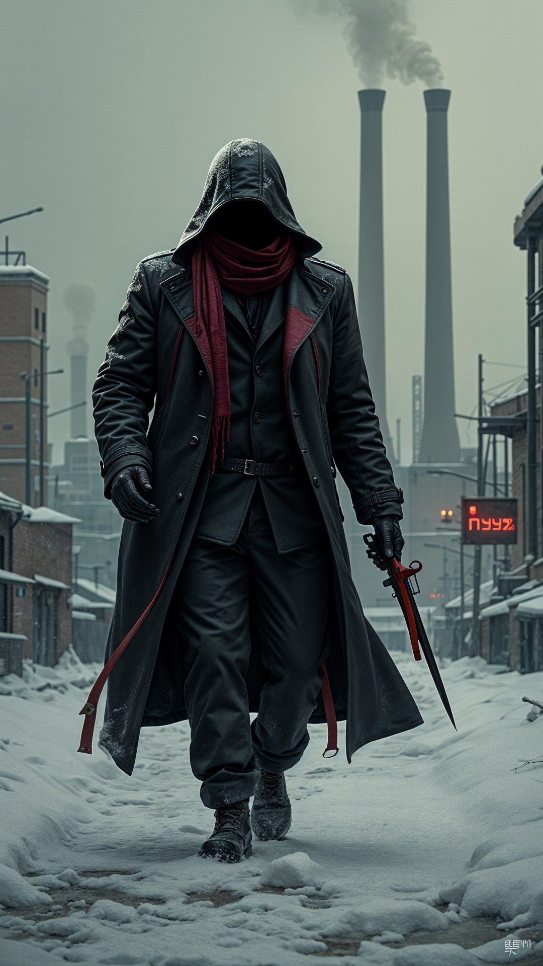Mysterious Figure in Snowy Urban Dystopia