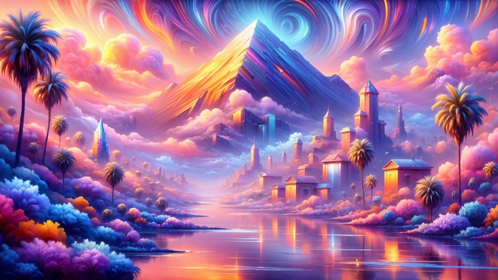 Vibrant Mountain Landscape with Surreal Sky and River