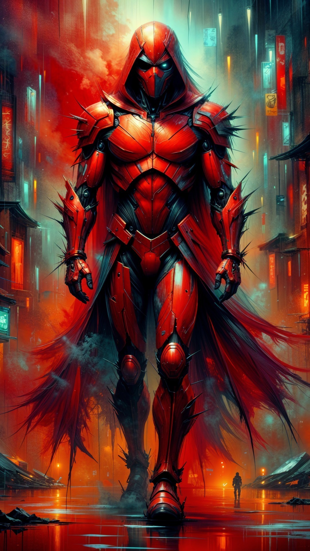 Armored Figure in Neon Cityscape with Futuristic Architecture