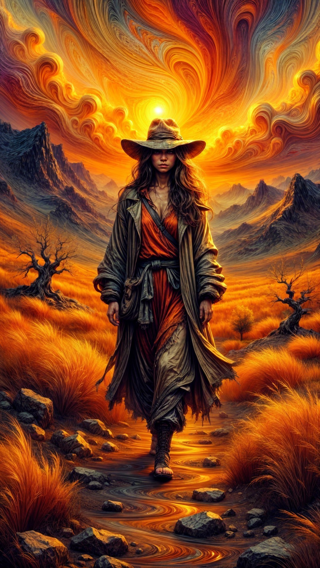 Lone Traveler in Vibrant Landscape at Sunset