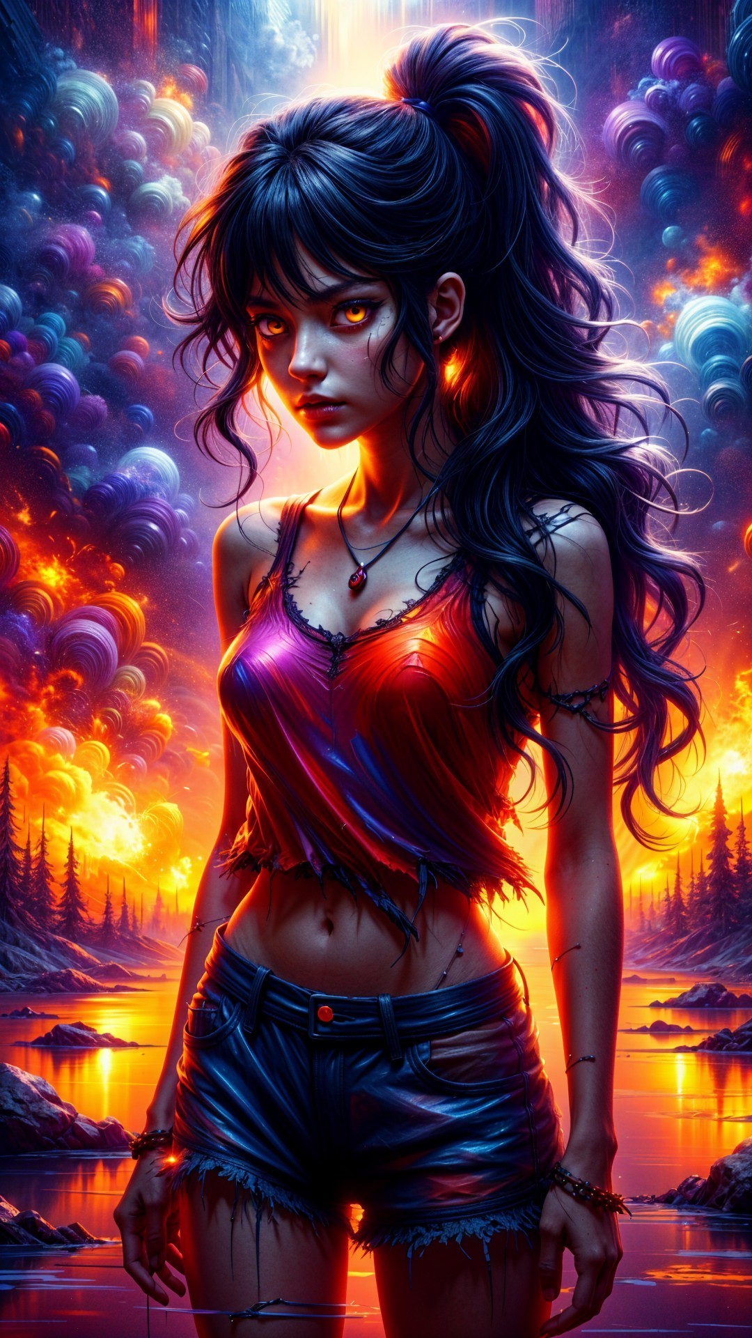 Striking Figure in Fiery Surreal Landscape Scene