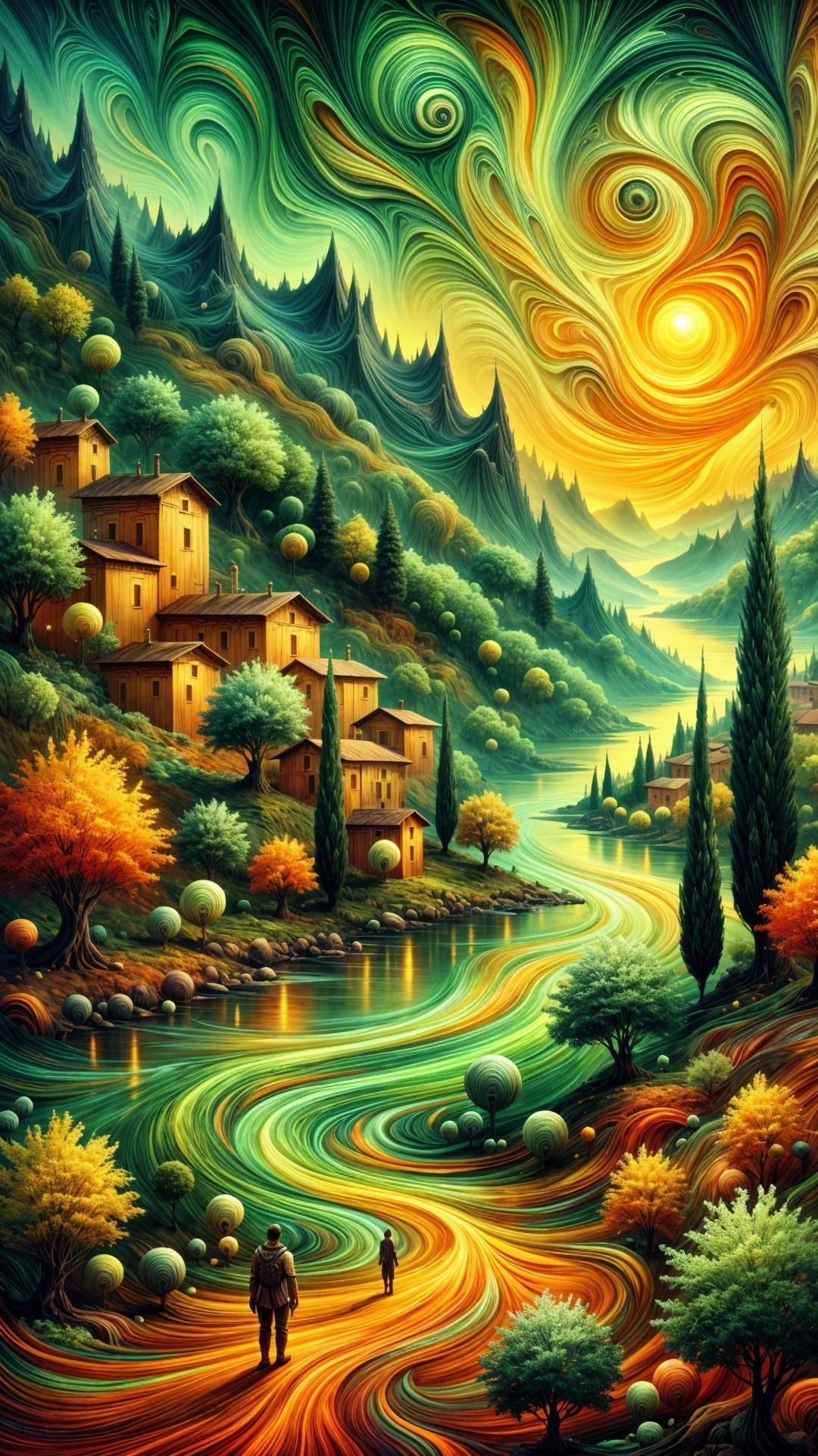 Surreal Landscape with Winding River and Autumn Colors