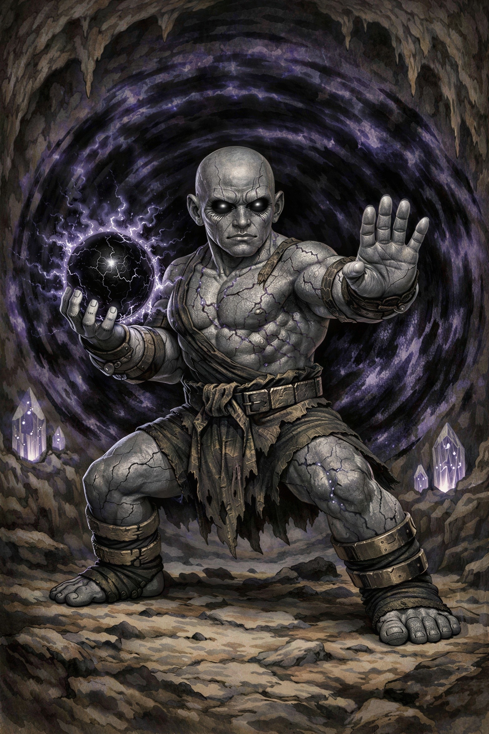 Gray Stone-Skinned Dwarf Warrior in Dark Cave Setting