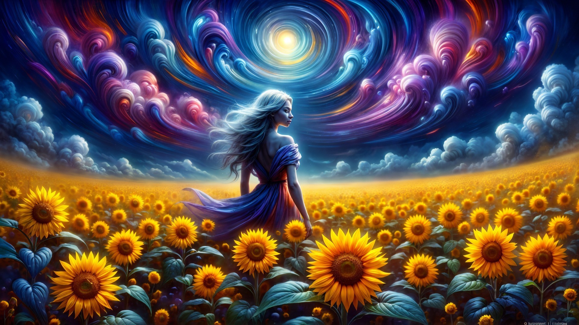Serene Landscape with Woman and Cosmic Sky