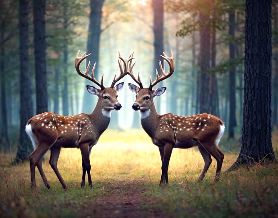 Serene Forest Scene with Two Male Deer in Sunlight