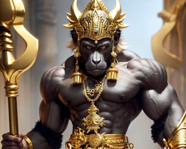 Muscular Ape in Golden Armor with Mythical Staff