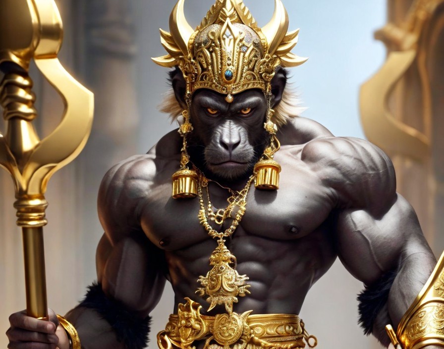 Muscular Ape in Golden Armor with Mythical Staff