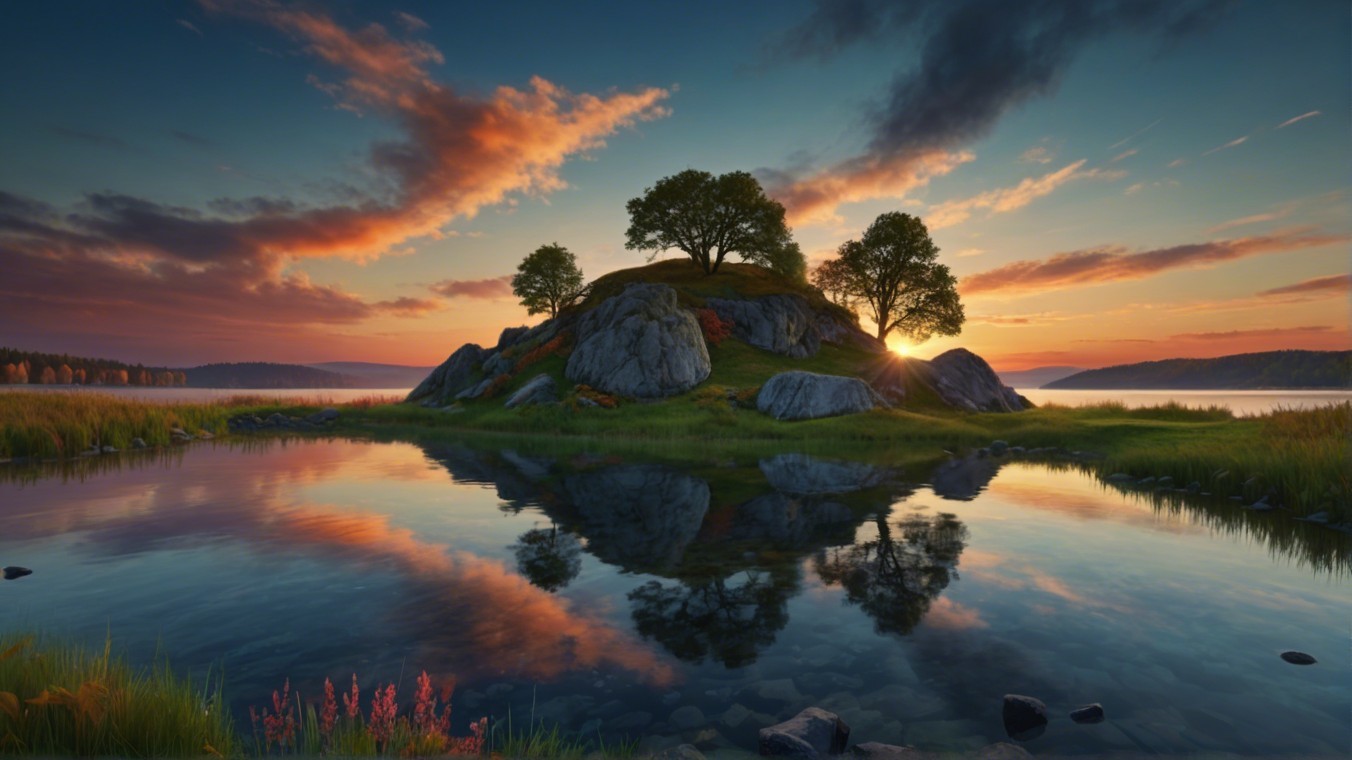 Serene Island Landscape with Sunset Reflection