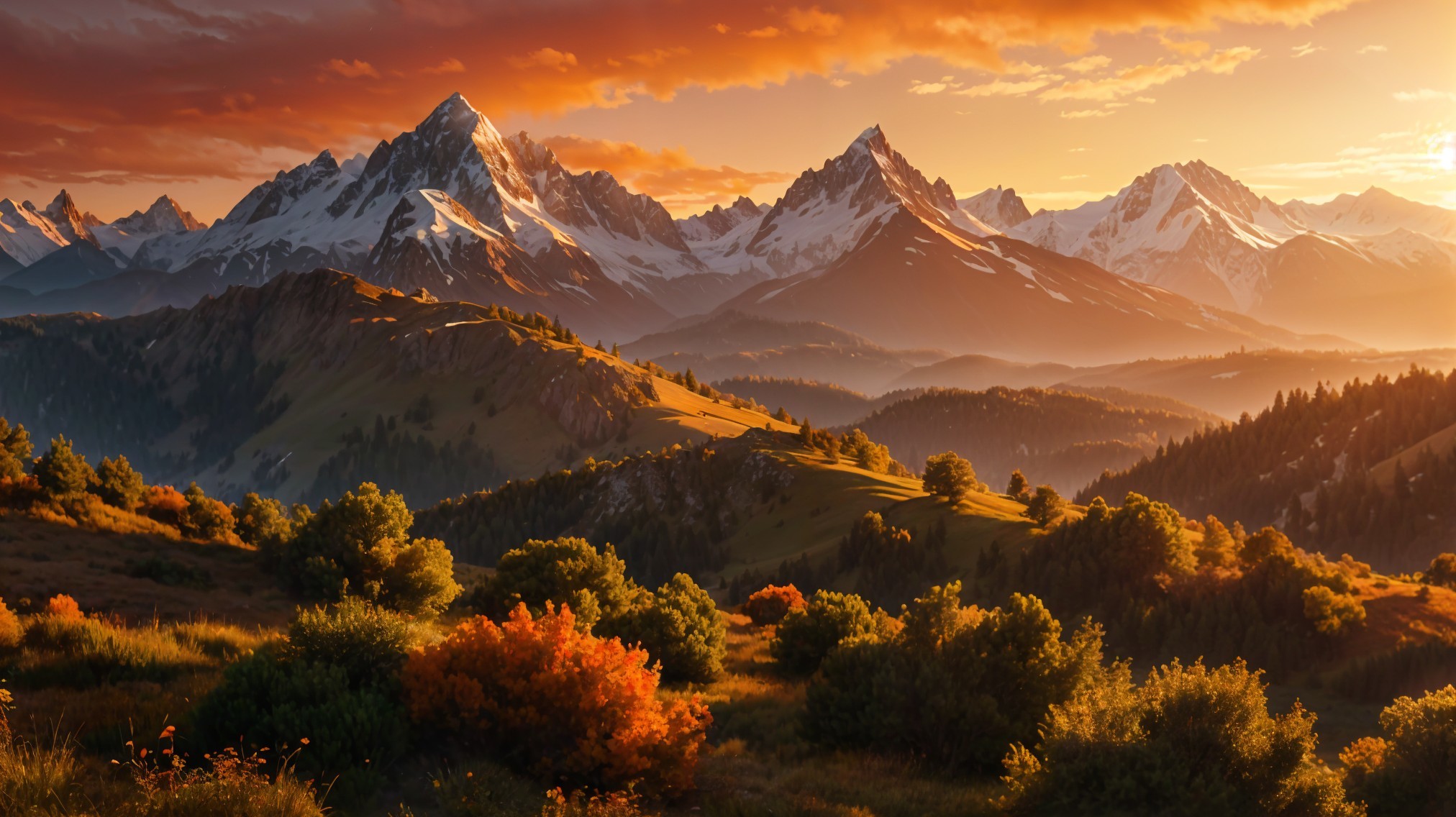 Mountain Landscape at Sunset with Vibrant Foliage