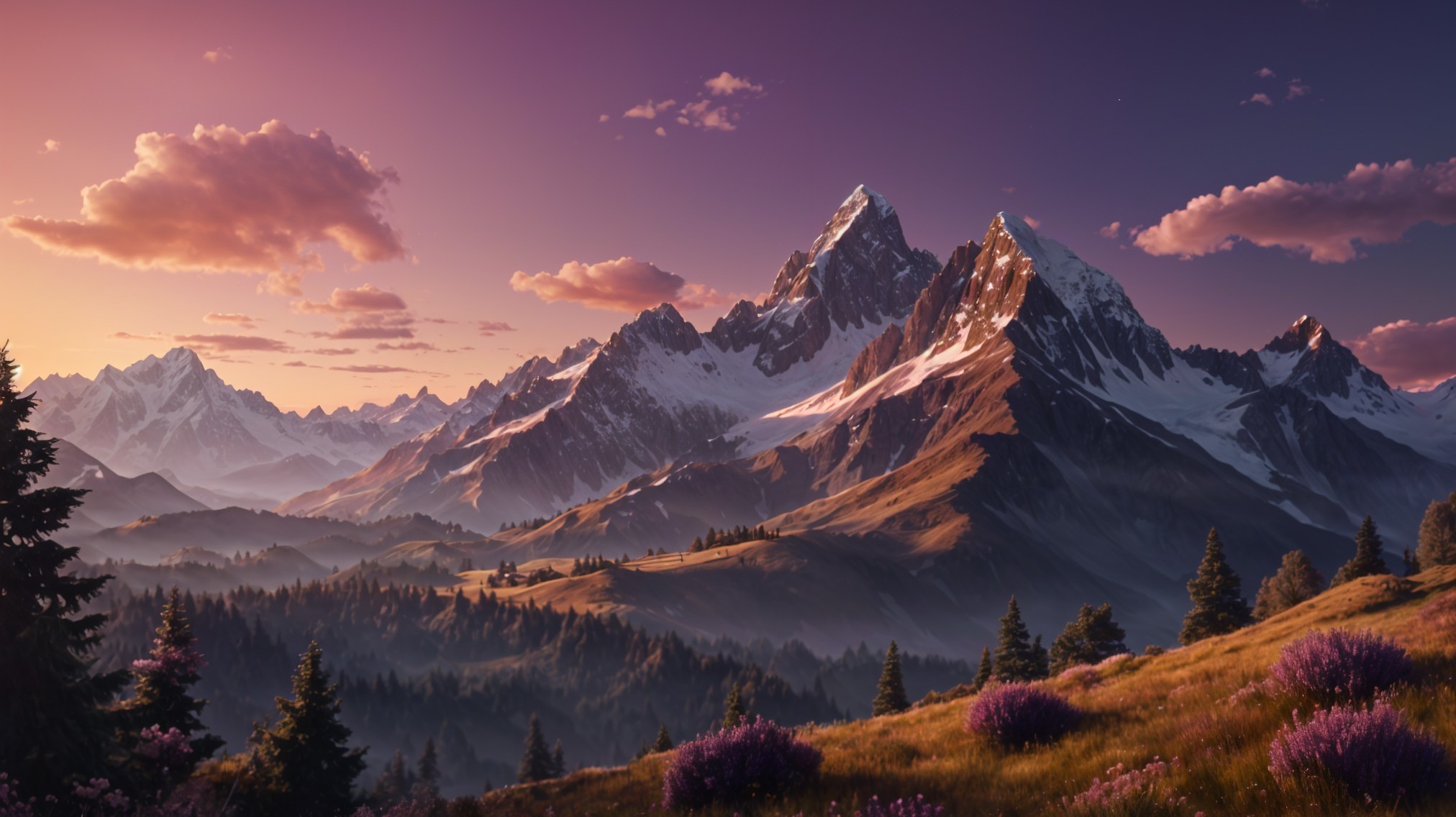 Mountain Landscape at Dusk with Snow-Capped Peaks