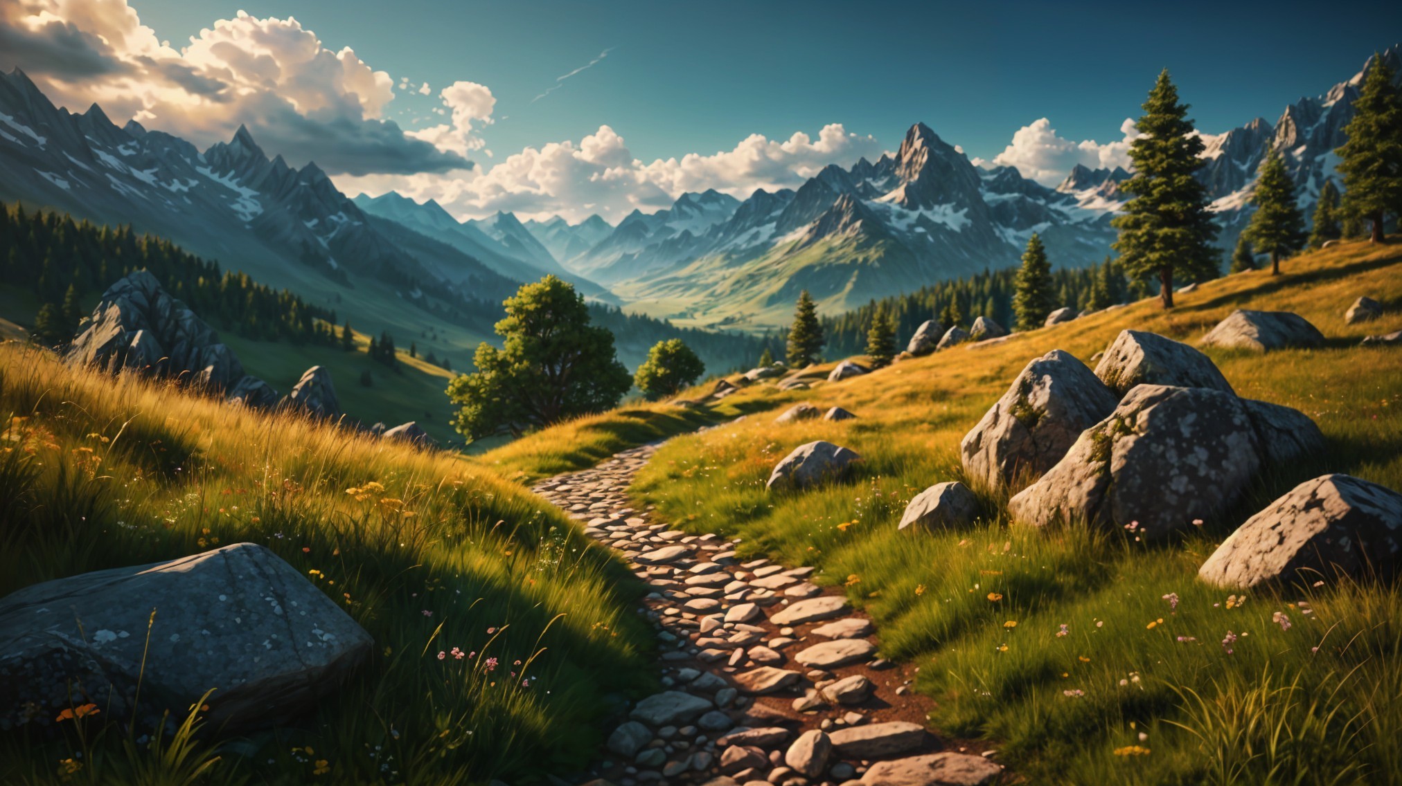 Serene Landscape with Winding Path and Mountains
