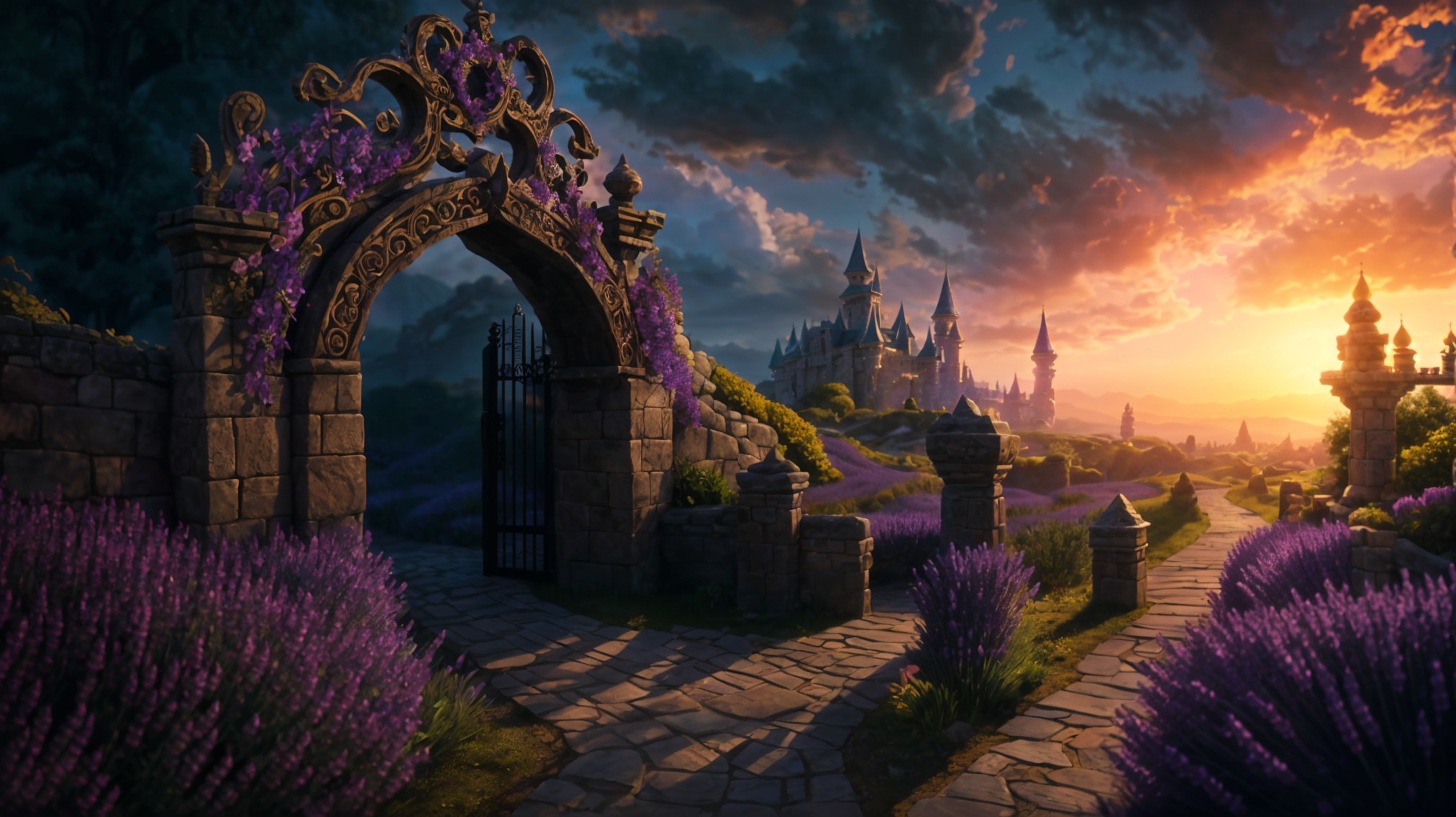 Grand Stone Archway with Vibrant Flowers and Castle