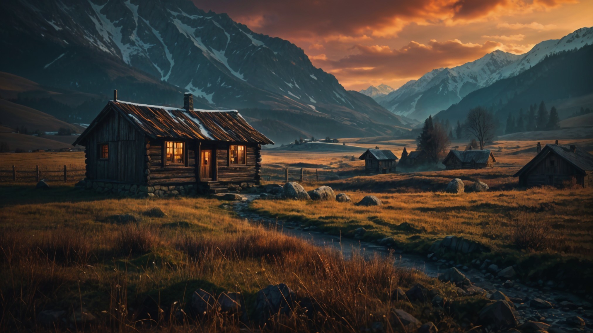 Rustic Cabin in a Serene Valley at Sunset