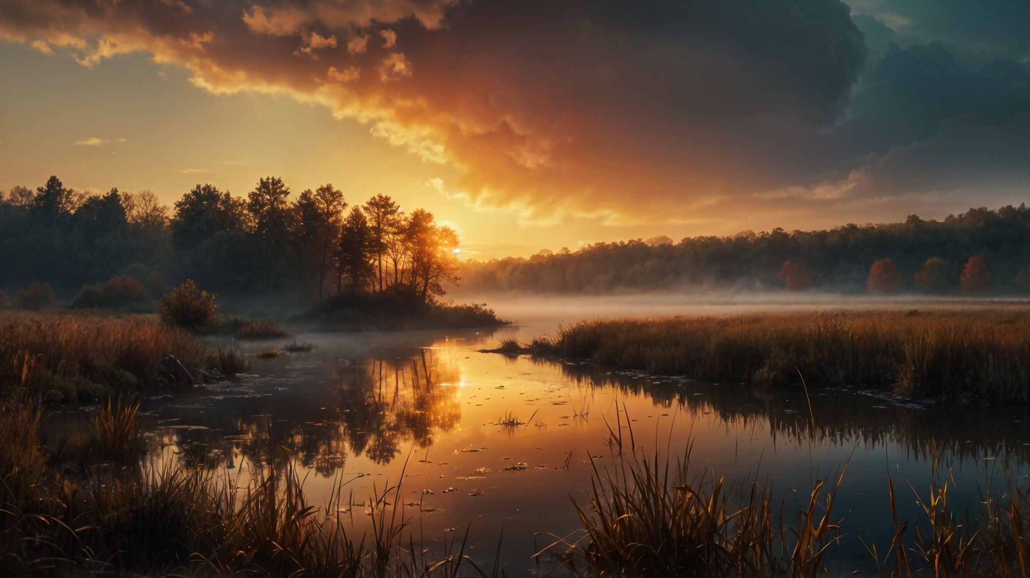 Tranquil Dusk Landscape with Reflective Water and Trees
