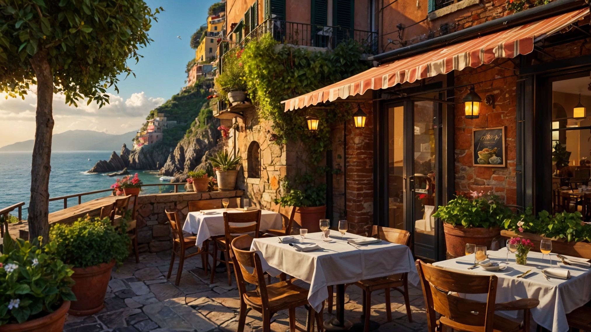 Seaside Restaurant with Outdoor Dining and Vibrant Decor
