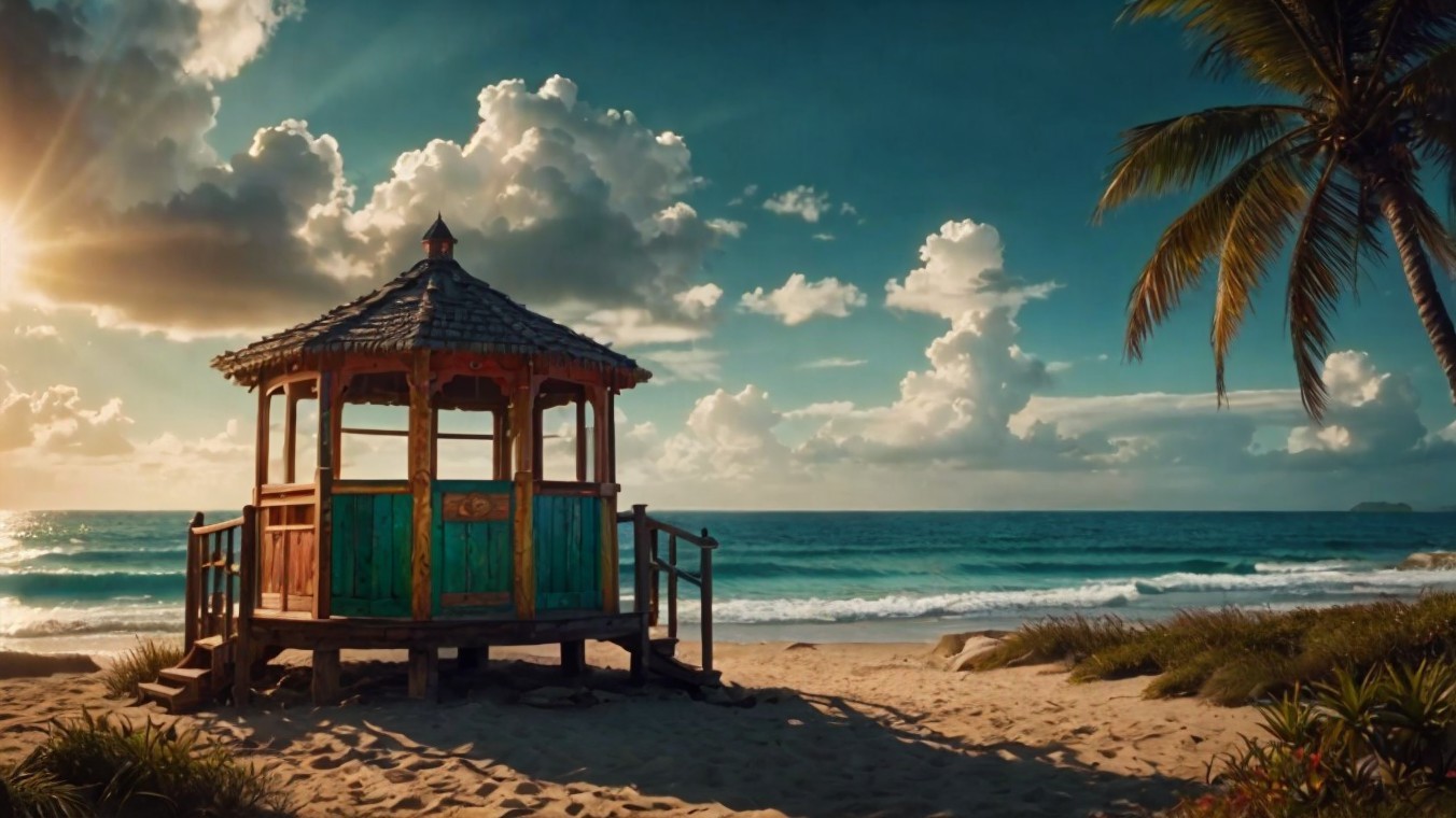Beach Gazebo on Sandy Shore Under Vibrant Sky