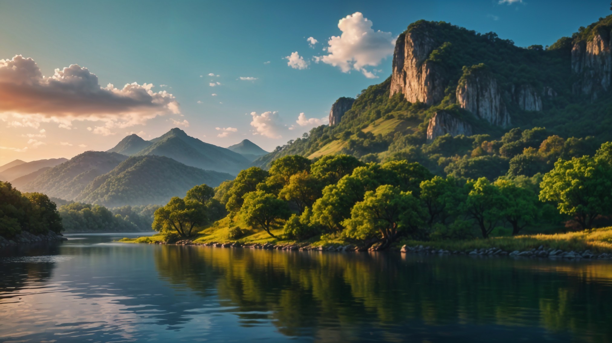 Serene River Landscape with Majestic Mountains and Greenery