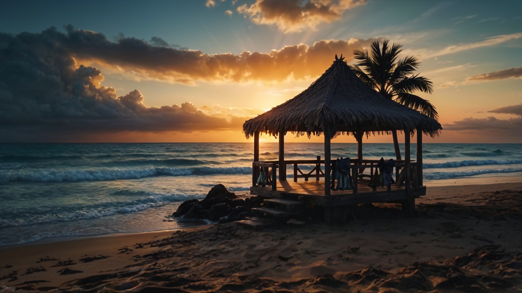 Serene Beach Scene at Sunset with Gazebo and Waves