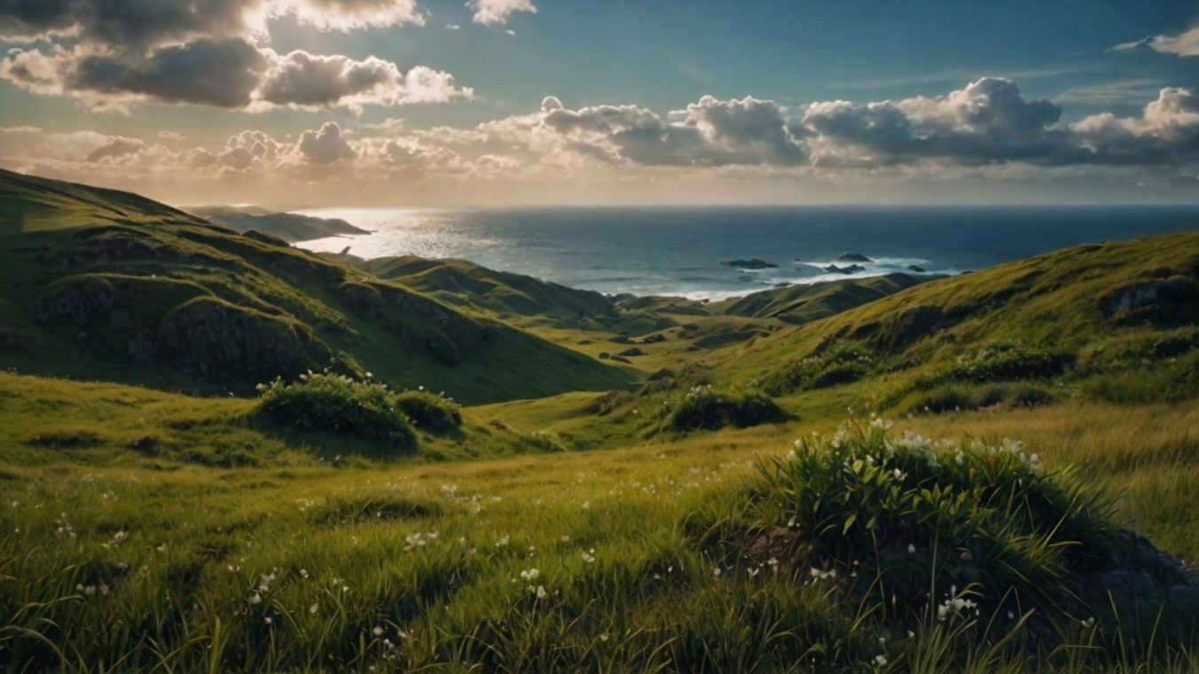 Lush Green Hills and Turquoise Ocean Landscape