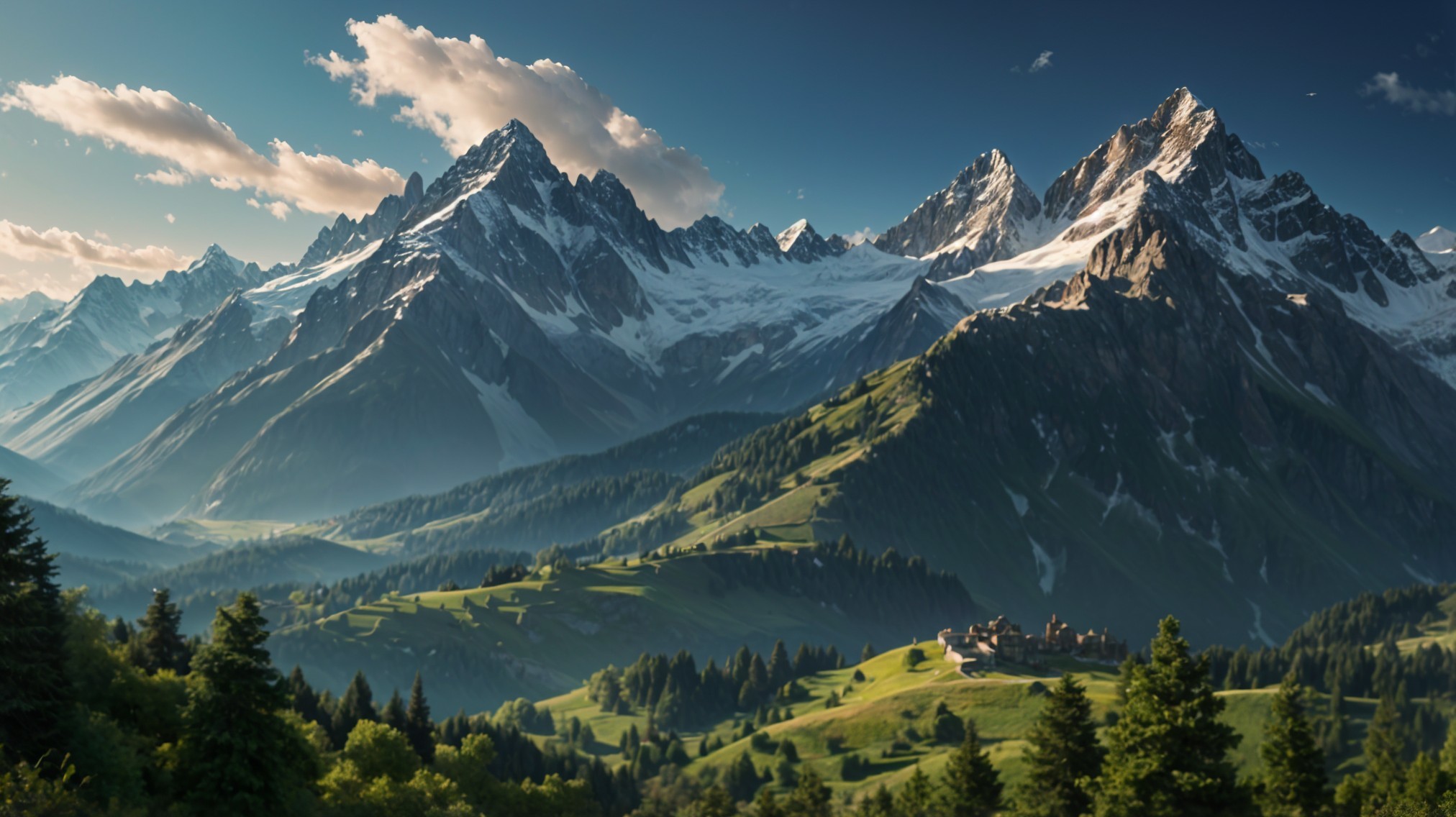 Snow-Capped Mountains and Lush Valley Landscape