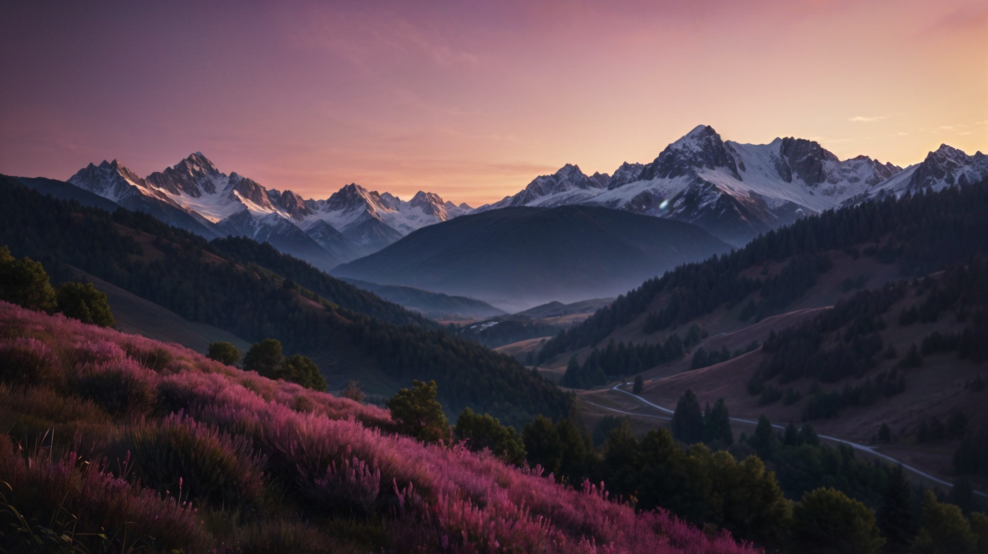 Dusk Landscape with Snow-Capped Mountains and Flowers