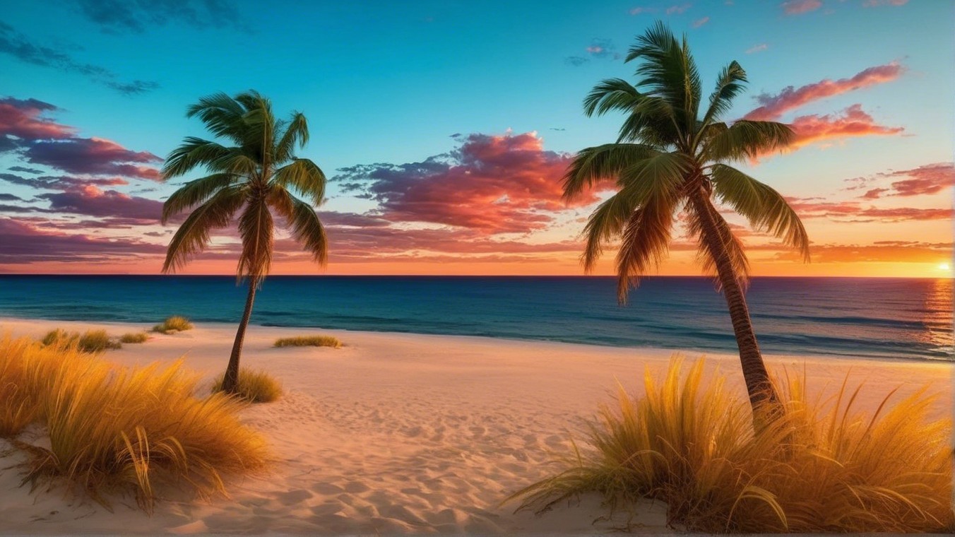 Serene Beach Sunset with Palm Trees and Ocean View