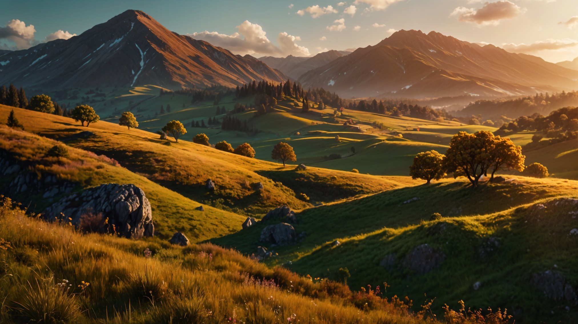 Tranquil Landscape of Green Hills and Majestic Mountains