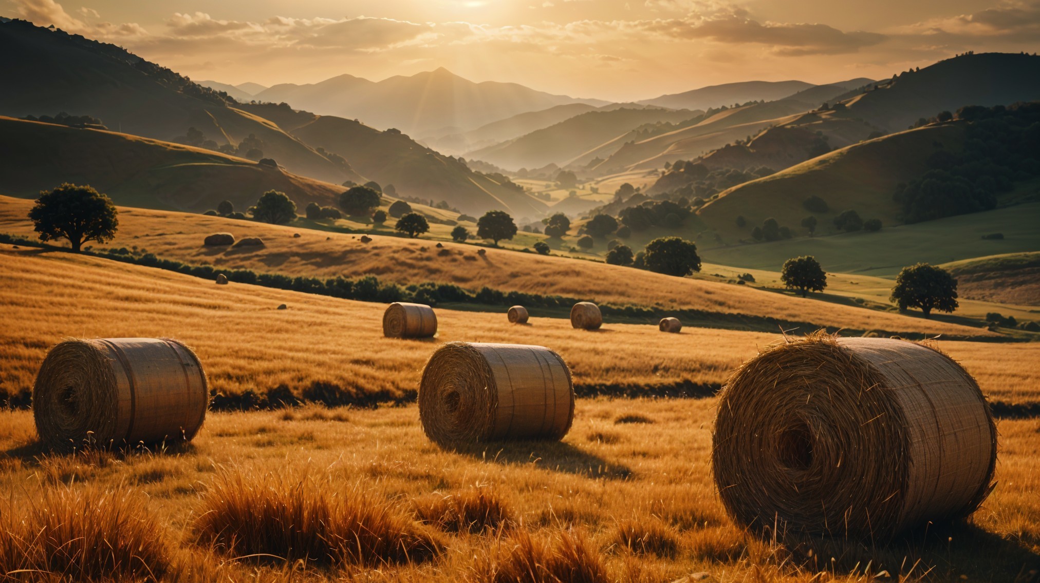 Serene Sunset Landscape with Golden Hay Bales