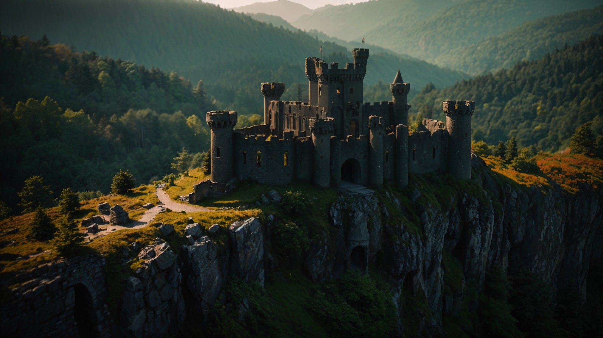 Stone Castle on a Cliff Surrounded by Forests and Mountains