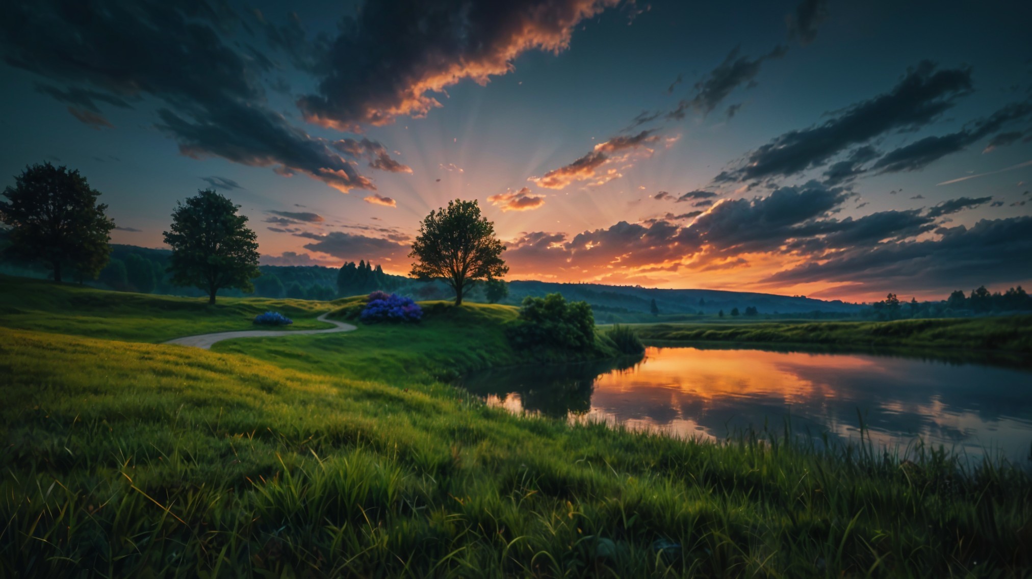 Tranquil Dusk Landscape with Reflective River and Trees