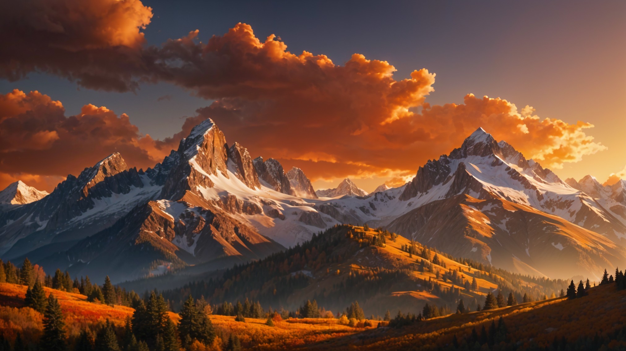 Golden Sunset Over Snow-Capped Mountain Range