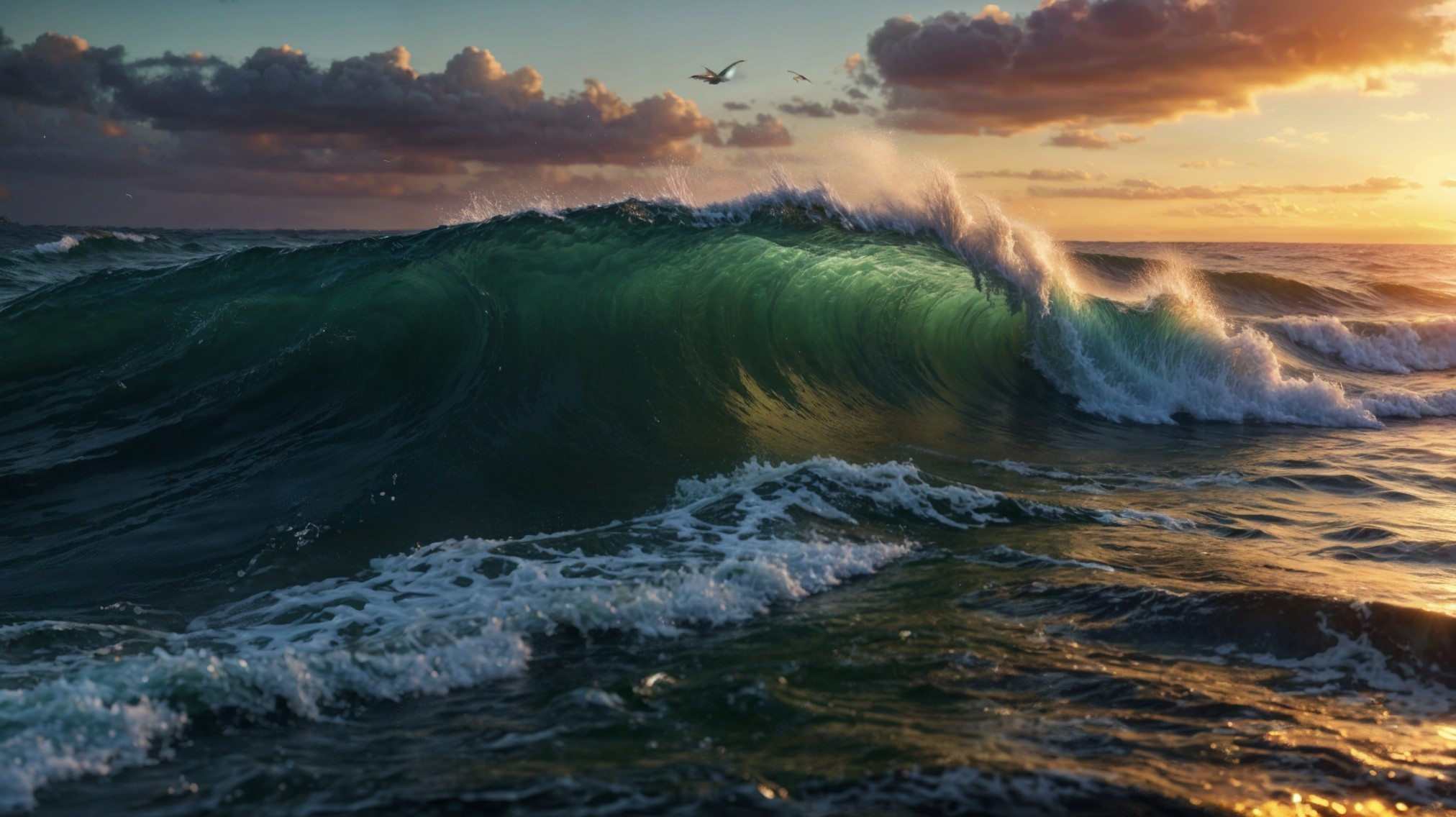 Dramatic Ocean Wave at Sunset with Vibrant Colors