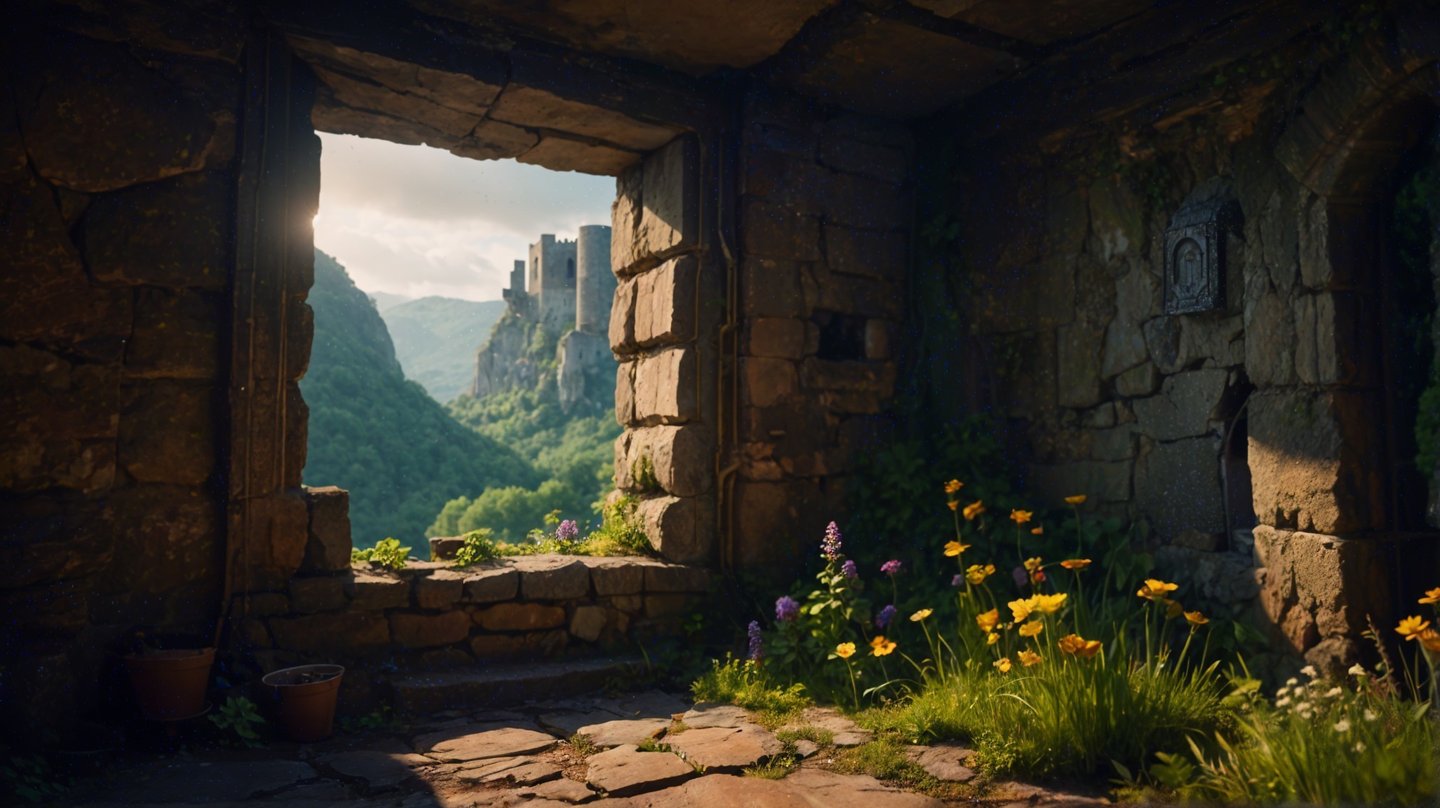 Ancient Stone Ruin Overlooking Lush Green Hills