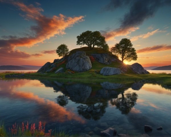 Serene Island Landscape with Sunset Reflection