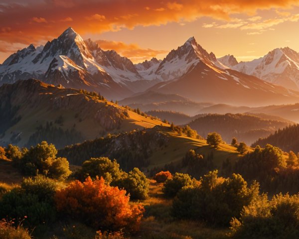 Mountain Landscape at Sunset with Vibrant Foliage