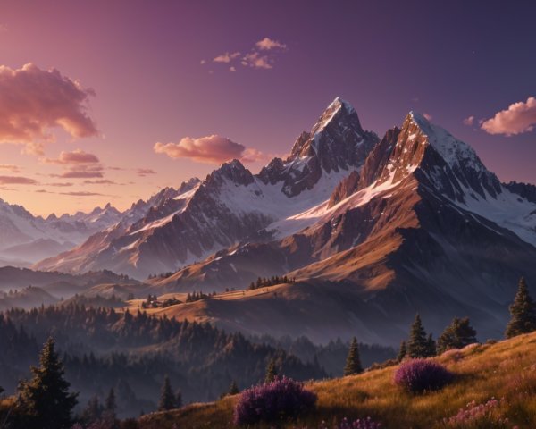 Mountain Landscape at Dusk with Snow-Capped Peaks