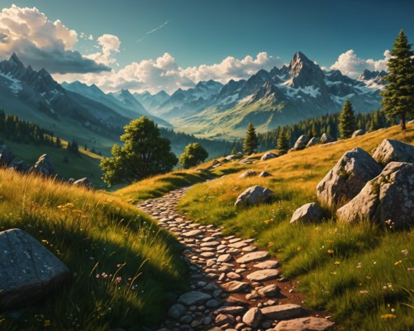 Serene Landscape with Winding Path and Mountains