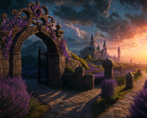 Grand Stone Archway with Vibrant Flowers and Castle