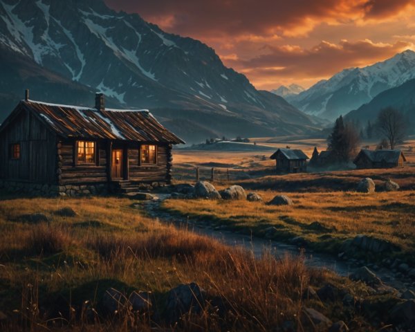 Rustic Cabin in a Serene Valley at Sunset