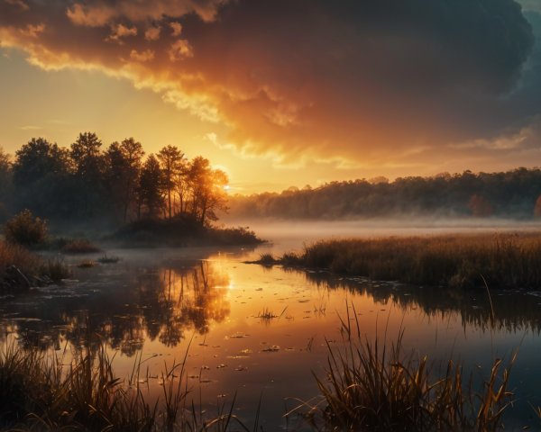 Tranquil Dusk Landscape with Reflective Water and Trees